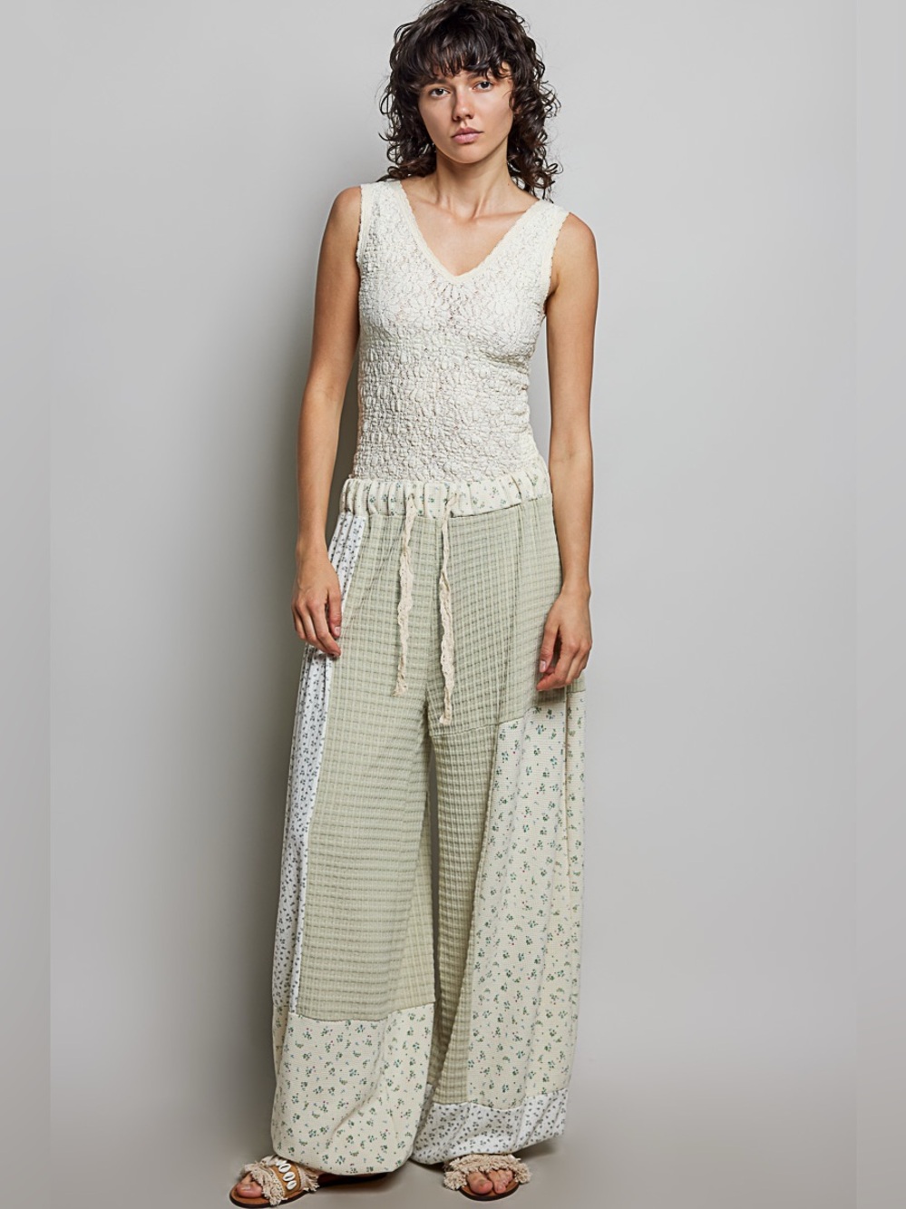 POL Patchwork Mixed Knit Wide Leg Pants – Sage Multi🛍️